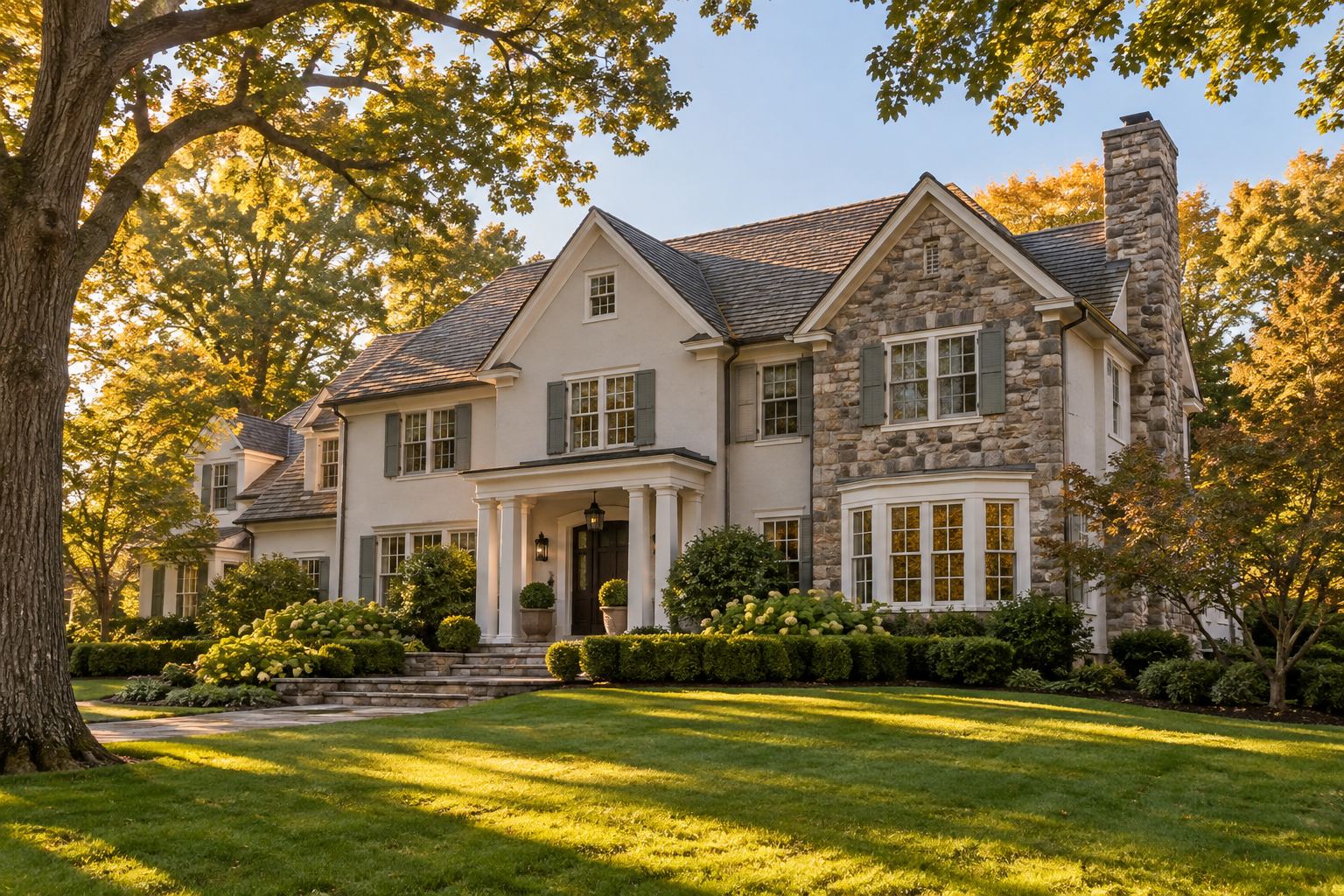 A Connecticut colonial home on a tree lined street, illustrative