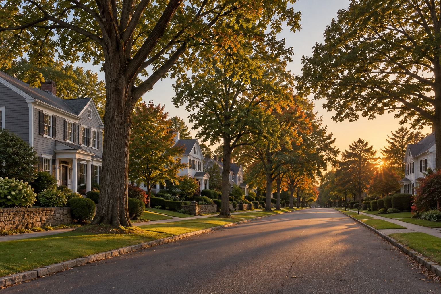 A Stamford residential street at sunset, illustrative