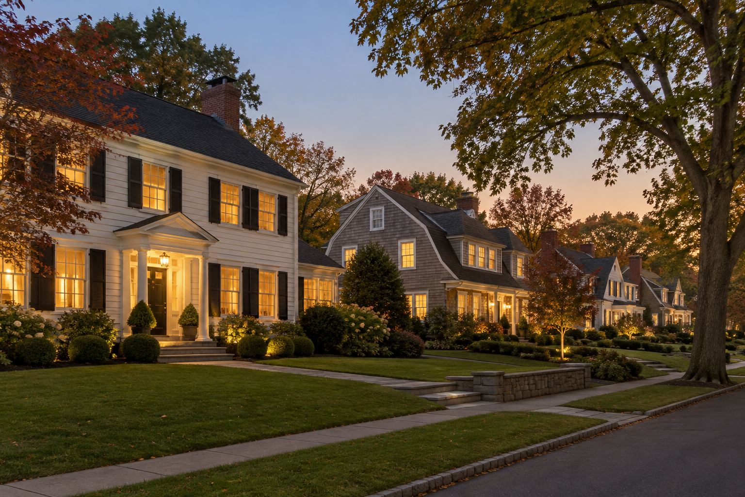 A Fairfield County home at dusk, illustrative